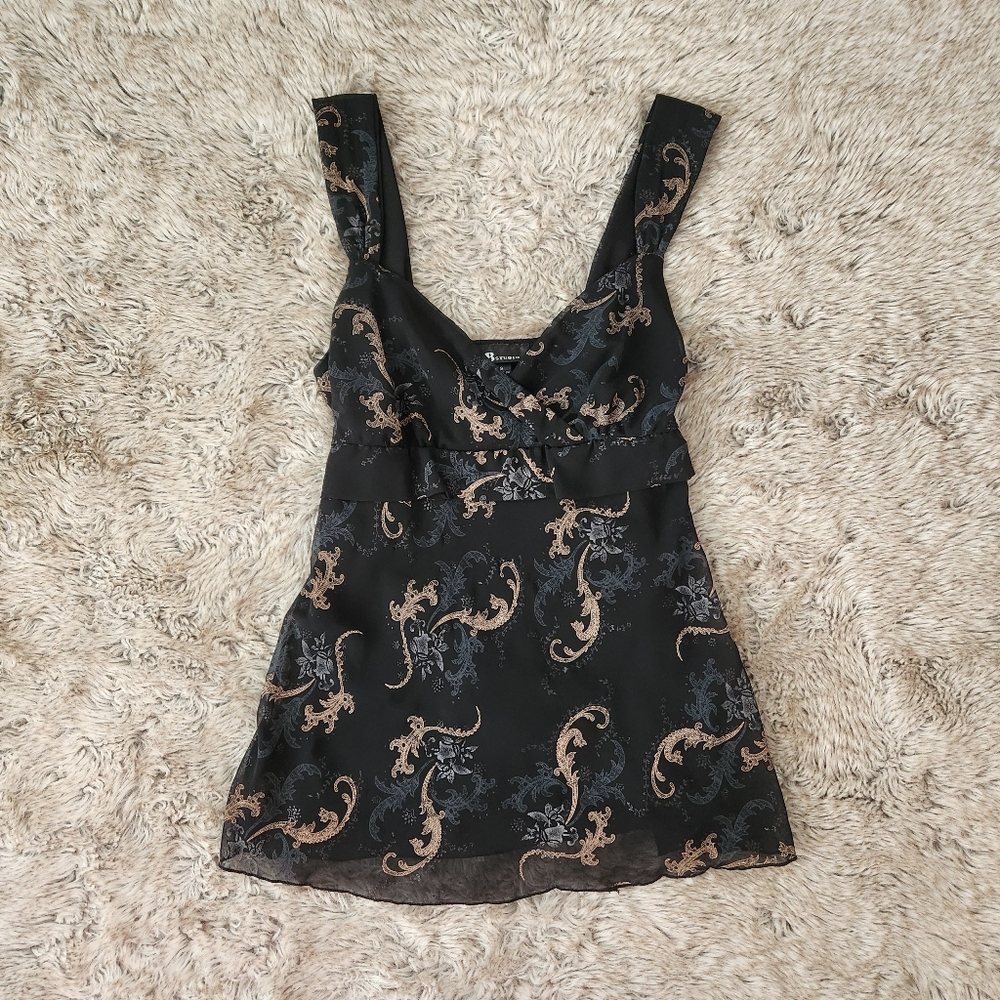 AB Studio Sleeveless Tie Back Blouse‎ Black with Silver and Bronze Floral Small